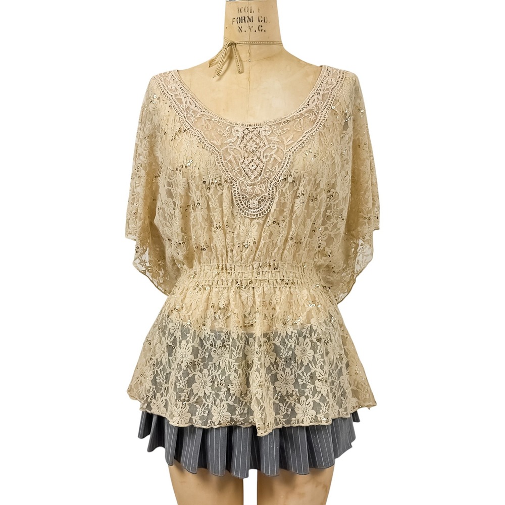 2000s Sequin Lace Smocked Waist Blouse Dolman Batwing Sleeves Dreamy Size OS